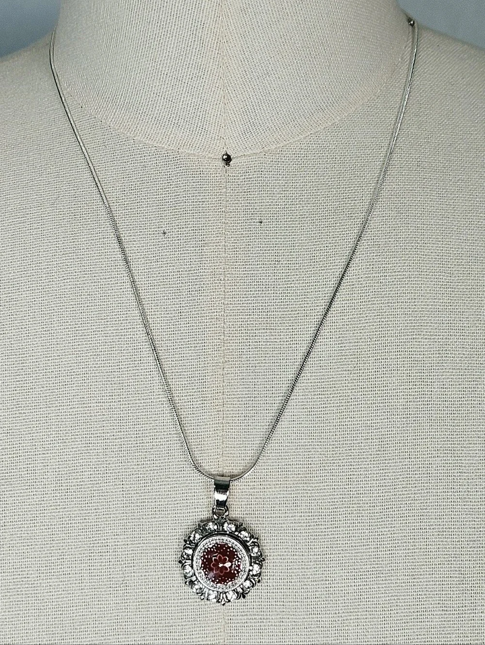 Silver Rhinestone Snap Necklace Green Pearl & Red Flower Interchangeable